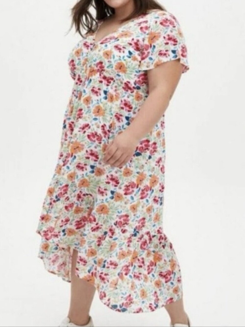 Torrid Ivory Floral Gauze Button Front Tea-Length Dress